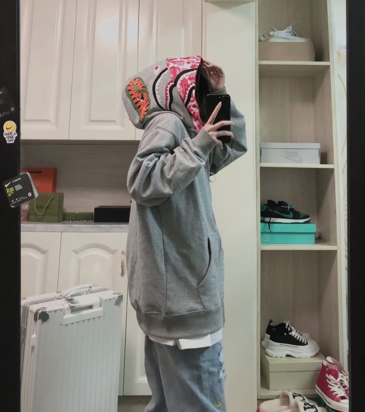 BAPE co-branded tiger head shark gray and pink double hoodie
