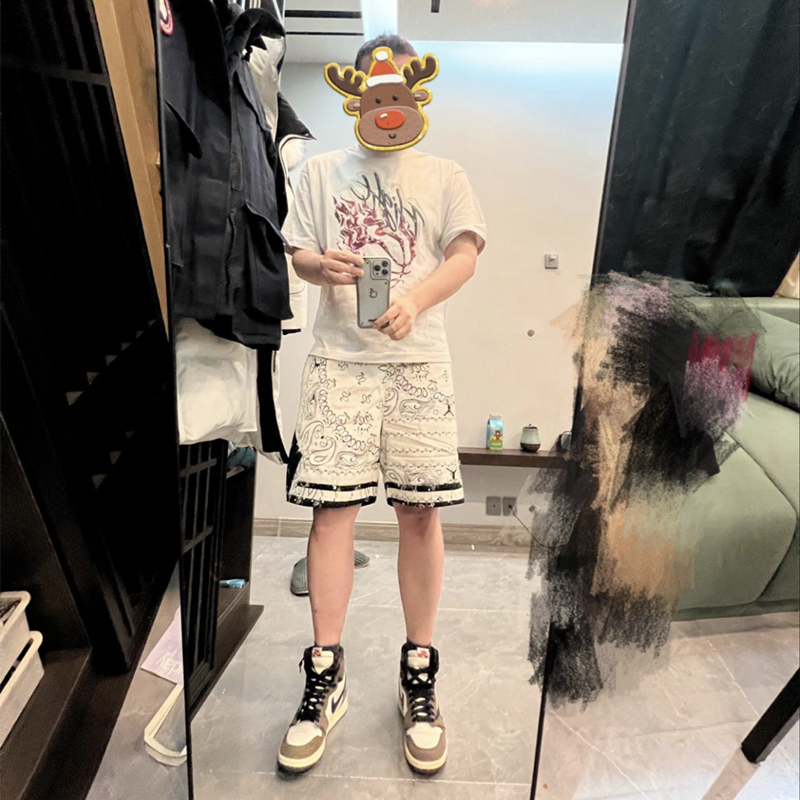 Travis Scott Flame printing water drill round collar and short sleeves