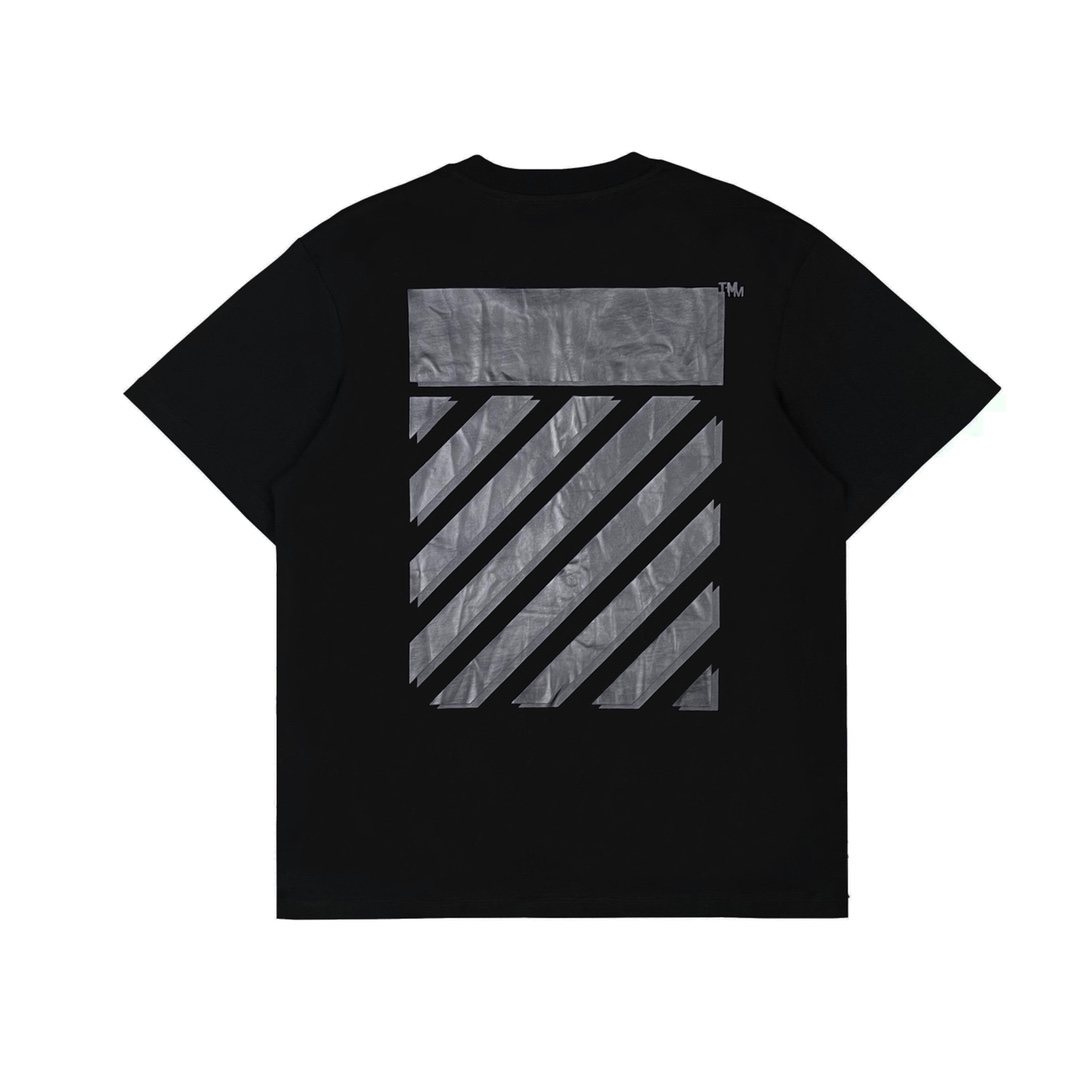 Ow overlapping slash printed short-sleeved black tape T-shirt