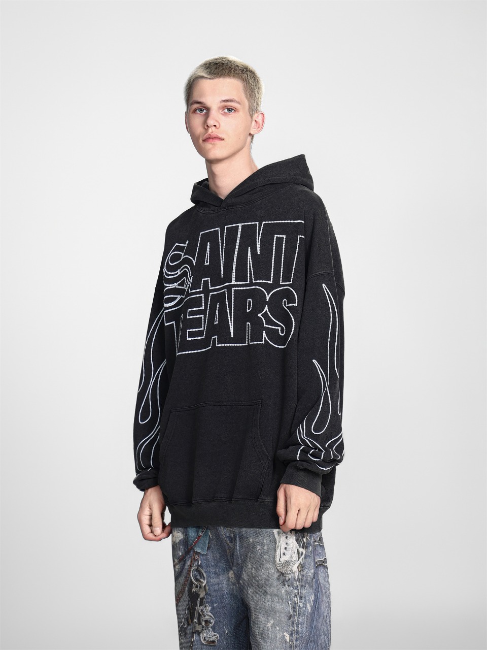Saint Mich@el tears washed distressed salt-treated 400g heavy-weight vintage terry cloth hoodie