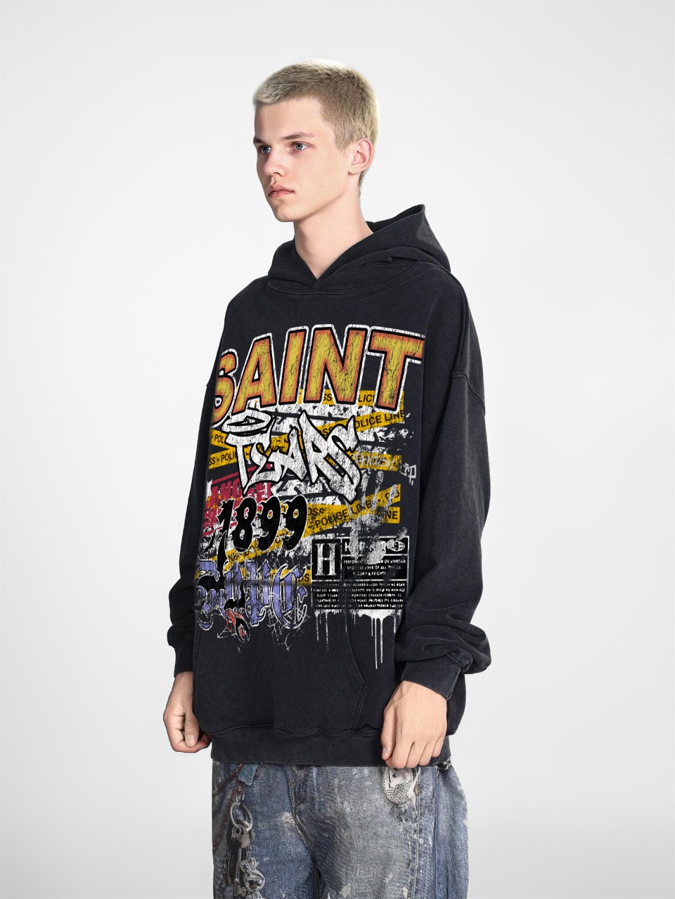 Saint Mich@el tears washed distressed salt-treated 400g heavy-weight vintage terry cloth hoodie