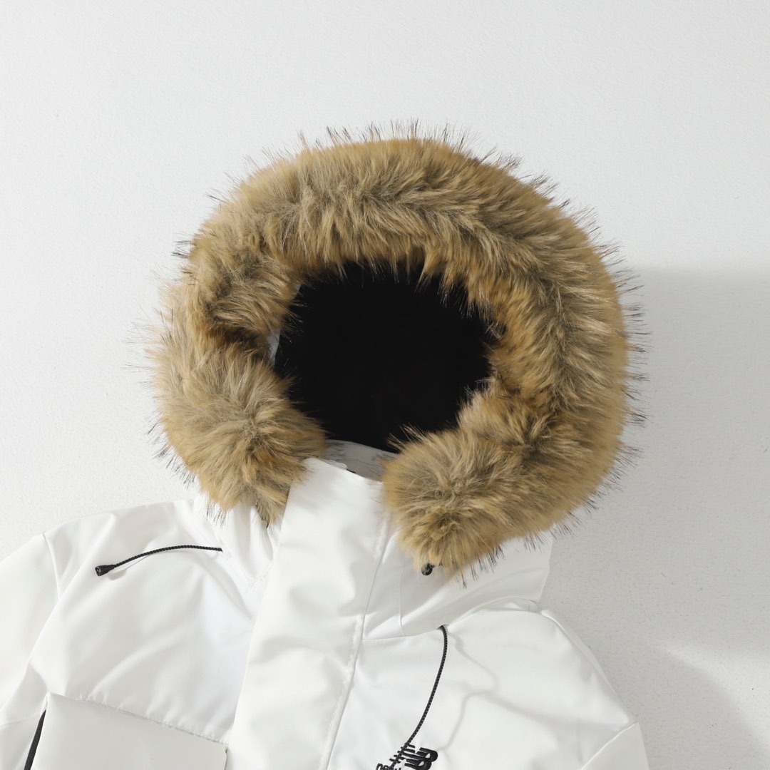 New Balance Solid-color Fur-trimmed Mid-length Hooded Down Jacket