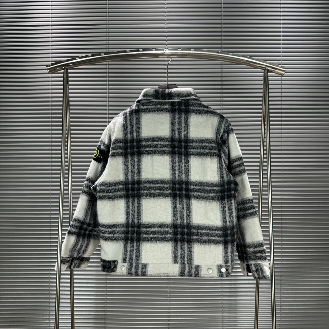 Stone 1sland Black and White Checkered Wool-cotton Padded Jacket