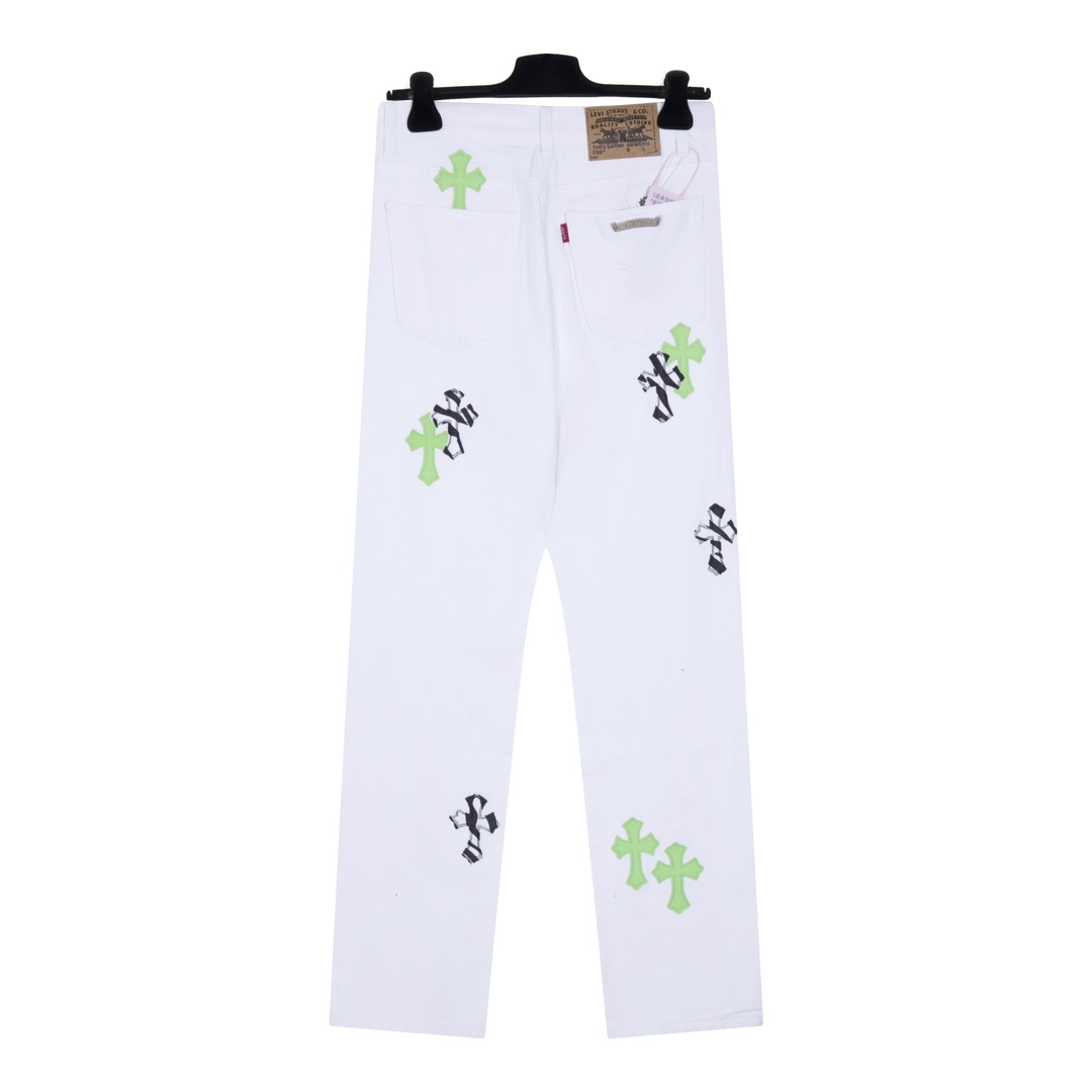Chrome Hearts Green Zebra Print Croesses White Pants